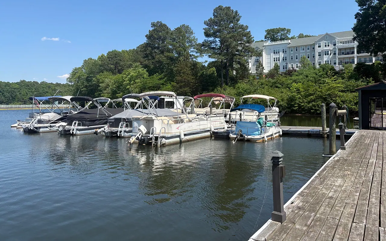 Pontoon boats at the Brandermill marina on Swift Creek Reservoir