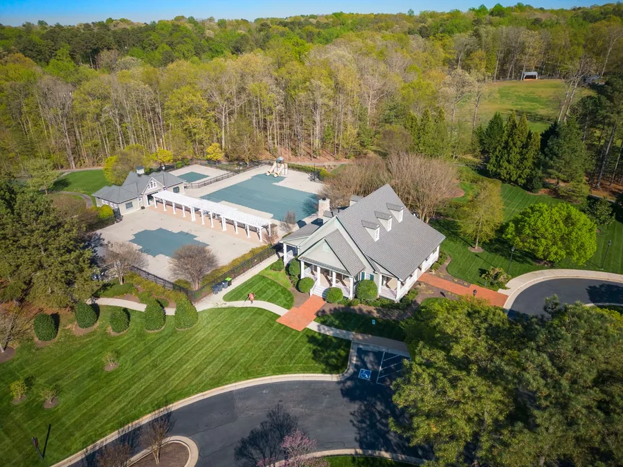 Aerial view of the Salisbury clubhouse and pool in Midlothian, Virginia, in early spring